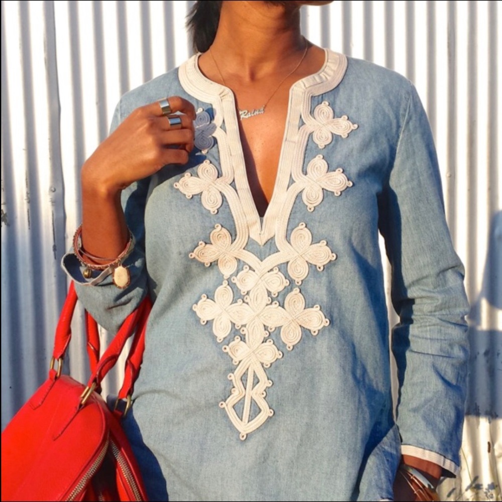 J. Crew Chambray Tunic with Cream Embroidery